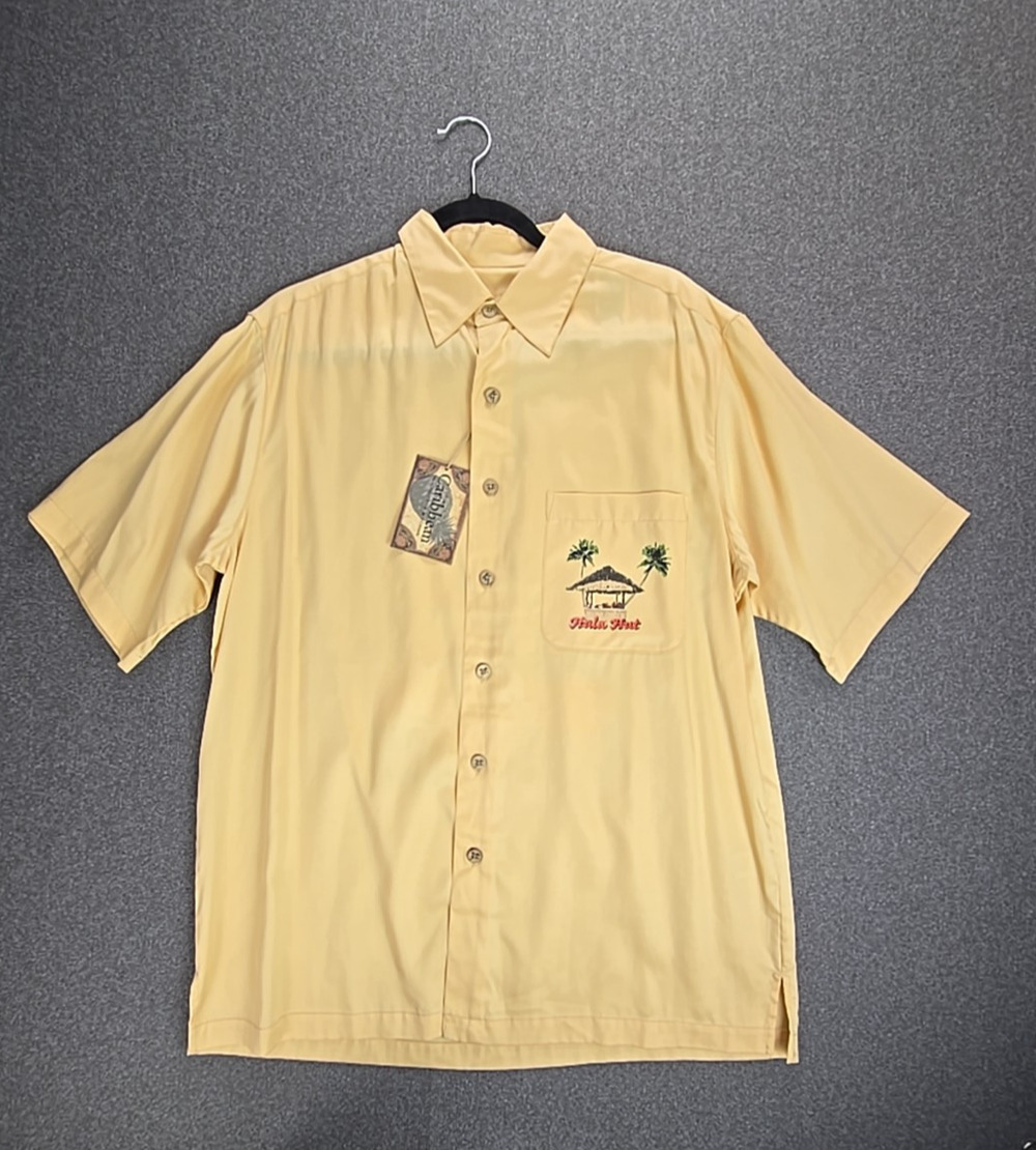 Caribbean Roundtree York Shirt Mens M Yellow Hawaiian Hula Hut Wood Buttons